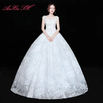 AnXin SH, кружевное белое свадебное платье с рисунком листьев принцессы, винтажное бальное платье с круглым вырезом, иллюзия индейки, белое свадебное платье