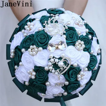 JaneVini Винтажный Темно-Зеленый Свадебный Букет с Жемчугом 2020, Белая Атласная Розовая Лента, Хрустальный Свадебный Букет для невест
