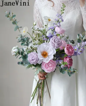 JaneVini Фиолетовый В западном стиле Искусственные Свадебные Букеты 2020 Лаванда Шелковая Роза Свадебные Сухоцветы Поддельный Букет Невесты Пион