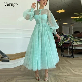 Verngo Бирюзово-зеленые тюлевые платья для выпускного вечера в горошек с Длинными рукавами и круглым вырезом, вечерние платья чайной длины, коктейльные платья для подростков