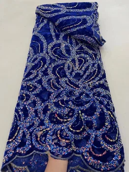 Африканская кружевная ткань Royal Bule 2022, Высококачественная Бархатная кружевная вышивка, Роскошные блестки, Нигерийская кружевная ткань Для Свадебного платья