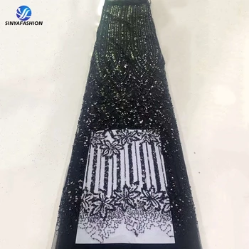 Африканские французские Сетчатые Нигерийские кружевные ткани Sinya 2023, Высококачественные Черные Роскошные Кружевные ткани с вышивкой из бисера для новобрачных
