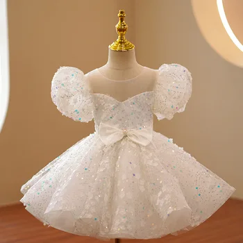 Белое пышное платье с блестками для маленьких девочек от 2 до 12 лет, Роскошное бальное платье в Корейском стиле 2022, вечерние платья для детей