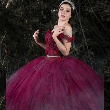 Великолепные бордовые Пышные платья-двойки, Платье Принцессы для выпускного Вечера, Аппликации из 3D Цветов и Жемчуга Для 15 девочек, Бальные платья