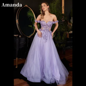 Вечернее платье Amanda Princess с 3D Кружевной Вышивкой, Платье для выпускного Бала с открытыми плечами 2023, Милое Вечернее Платье Сексуального силуэта