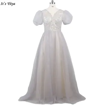 Вечернее платье It's Yiiya Серого цвета, расшитое бисером, с V-образным вырезом, Короткий рукав, Трапециевидная складка, длина до пола, Большие размеры, Женские вечерние платья A2521