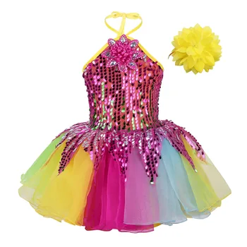 Детская Балетная Танцевальная Одежда Для девочек, Блестящее Балетное Платье-пачка с пайетками и Лентой Для бальных Танцев в стиле Джаз