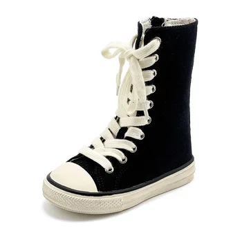 Детские Парусиновые кроссовки с высоким Берцем Для Малышей, Короткие ботинки на молнии сбоку Для мальчиков и девочек, Модная Черная Повседневная Спортивная обувь на шнуровке