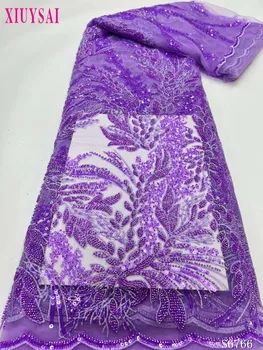 Кружевная ткань в Нигерийском стиле с тяжелым бисером, Роскошная Фиолетовая Кружевная ткань с вышивкой из тюля в Дубае для вечернего платья, свадебные ткани