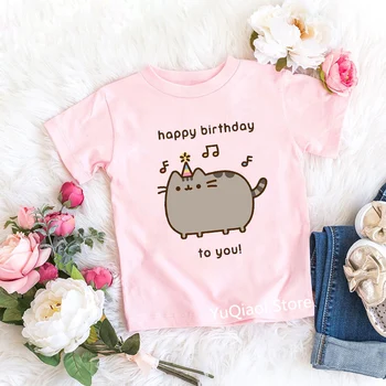 Милая розовая футболка для девочек Coffee Cat Happy Birthday To You, футболки с графическим рисунком, Детская одежда, лето 2021, Детские топы, футболки в подарок
