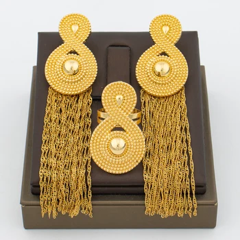 Набор ювелирных изделий золотого цвета в африканском Дубае для женщин, 8-образный дизайн, серьги с кисточками и кольцо, набор для вечеринки в честь годовщины свадьбы в Богемии