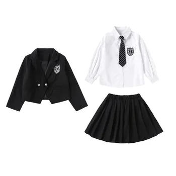 Осенний костюм для девочек в стиле колледжа, Детские Модные однотонные пальто + Рубашка с длинными рукавами + Плиссированная юбка, Комплекты из 3 предметов с галстуком, Наряды от 5 до 16 лет
