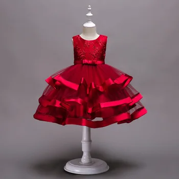 От 2 до 12 лет, Красные Свадебные платья с цветочным узором для девочек, Детское бальное платье-пачка из Тюля С Круглым вырезом, Кружевная Короткая Одежда Принцессы