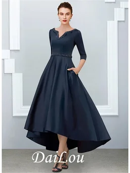 Платье для матери Невесты Трапециевидной формы, элегантный V-образный вырез, длина до пола, Атласный полурукав со складками 2021