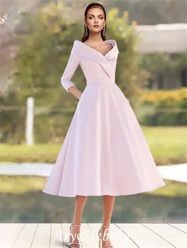 Платье для матери невесты трапециевидной формы, Элегантное винтажное платье с V-образным вырезом, атласная длина 3/4, рукав со складками