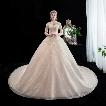 Свадебное платье Со Шлейфом, Длинный рукав, Высокий вырез, Роскошное Кружевное Бальное платье с вышивкой, Винтажное Свадебное платье Принцессы