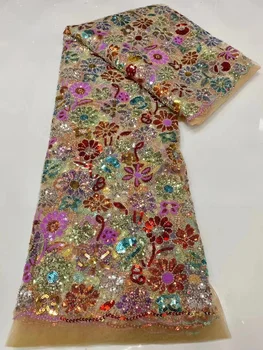 Современная Нигерийская кружевная ткань с тяжелым бисером, Роскошная Дубайская Тюлевая Кружевная ткань с вышивкой бисером Для вечернего платья, свадебные ткани