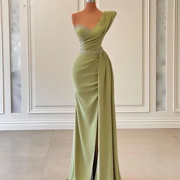 Элегантные светло-зеленые Сексуальные Вечерние платья Русалки, Дубай, Арабы, Плиссированное вечернее платье с бисером на одно плечо, платье с высоким разрезом