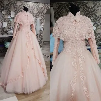ض Элегантное мусульманское винтажное розовое свадебное платье с высоким воротом и длинными рукавами, кружевное платье с аппликацией, свадебные платья de Noiva на заказ